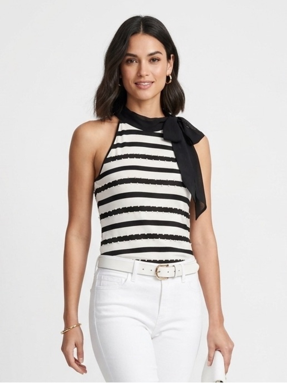 WHBM Black White Tie Neck halter Tank Top XXS $78 EUC